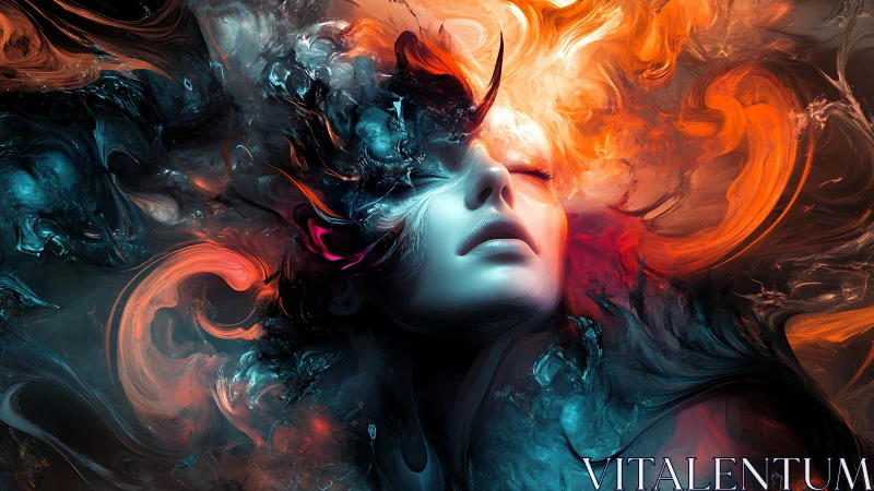 Surreal luminescent portrait in flowing fire and shadow.