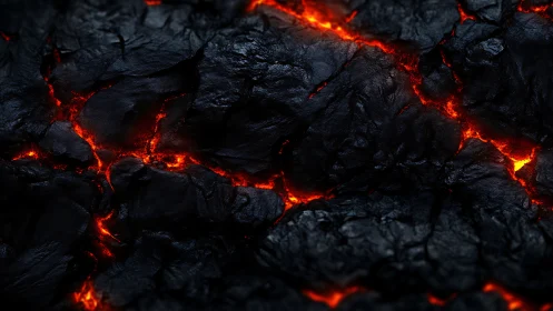 Glowing lava cracks through black charred volcanic rock surface.