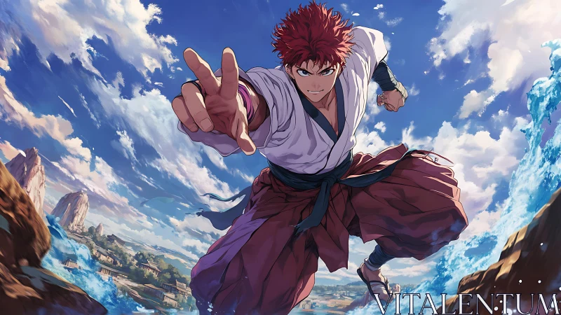 Aerodynamic martial leap across coastal battlefield skyframe.