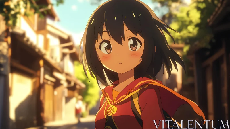 Sunlit alley wanderer girl wrapped in ember-bright cloak.