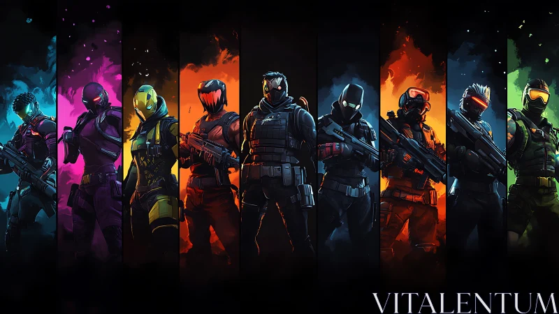 Tactical sci fi operators aligned in neon combat spectrum.