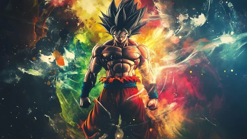 Central anime warrior stands amid radial color dispersion