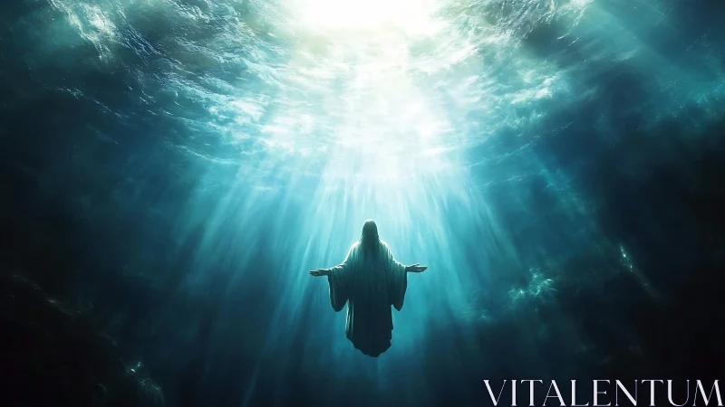 Underwater ascension scene with glowing celestial light.