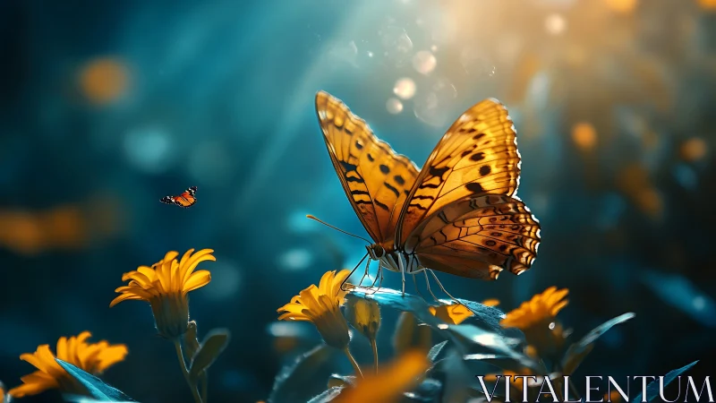 Golden butterfly on flowers in glowing blue garden scene.
