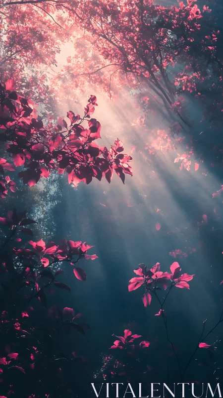 Sunbeams filter through dreamy pink forest canopy in mist
