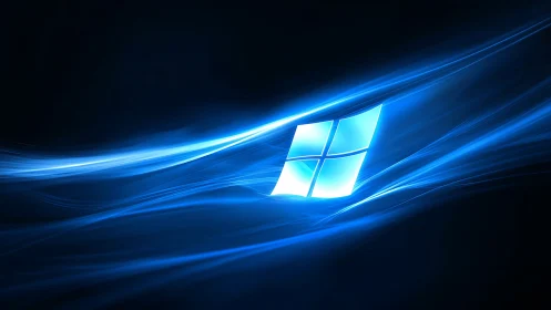Glowing blue window emblem drifts through digital light waves.