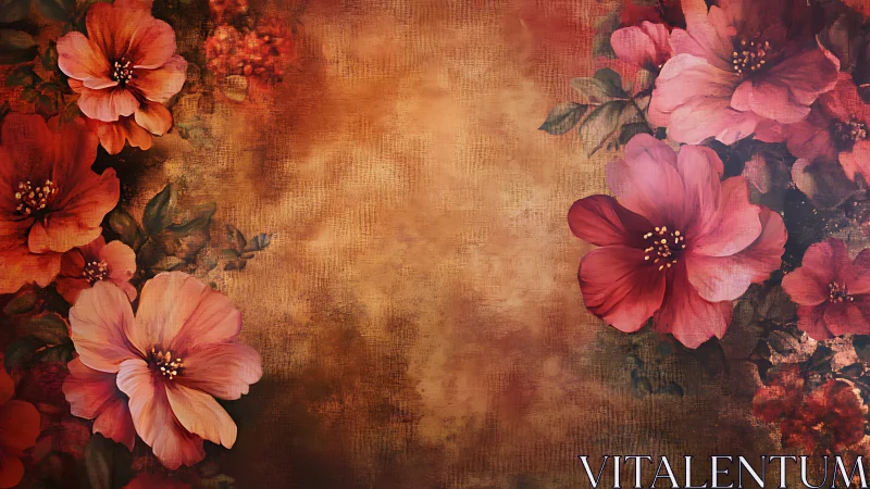 Layered floral composition with warm vintage textural degradation and chromatic stratification