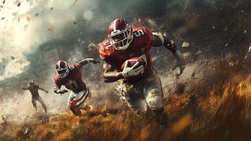 Running back sprints through debris filled football field