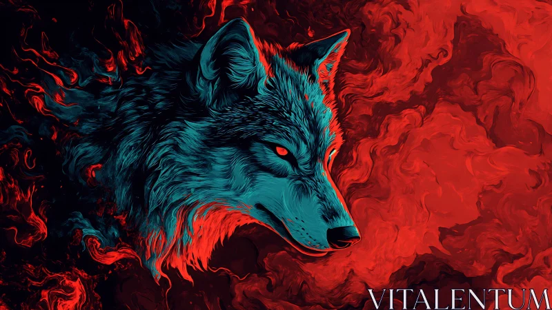 Neon wolf portrait in swirling red abstract firestorm.