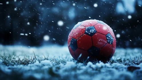 Red and black soccer ball on snow covered grass field.