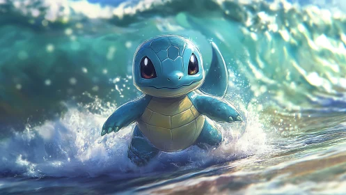 Cute blue turtle creature splashing in bright ocean surf.