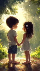 Two Children Holding Hands in Golden Sunlight