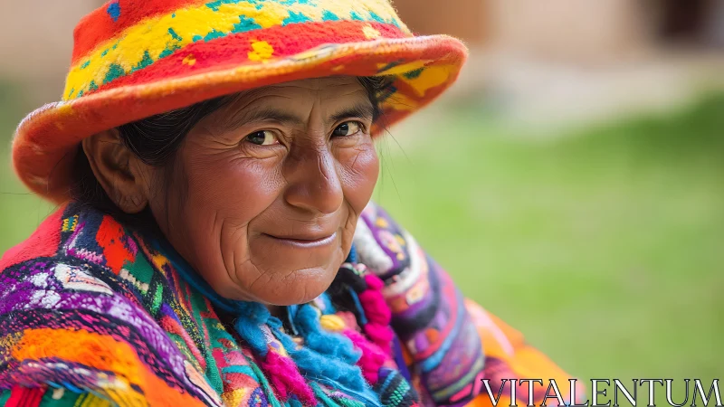 Elderly woman in traditional Andean attire, vibrant portrait style.