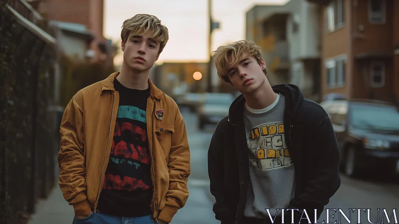 Twin teens in casual streetwear on urban alleyway at dusk.