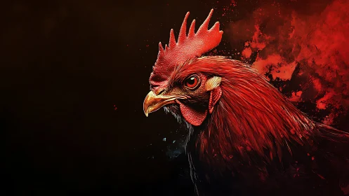 Crimson Rooster: High-Contrast Digital Portrait with Explosive Chromatic Energy.