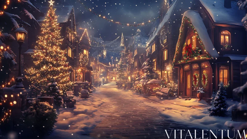 Digital painting of snowlit Christmas village street at night.
