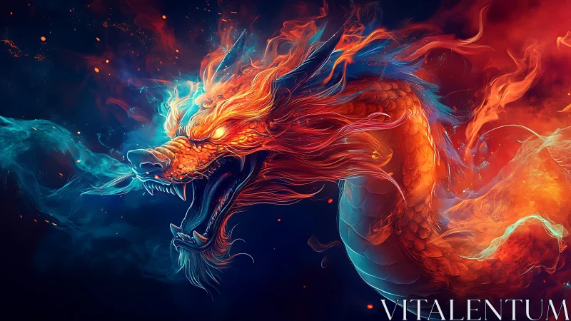 Fiery dragon spirit coils through vivid blue and orange flames