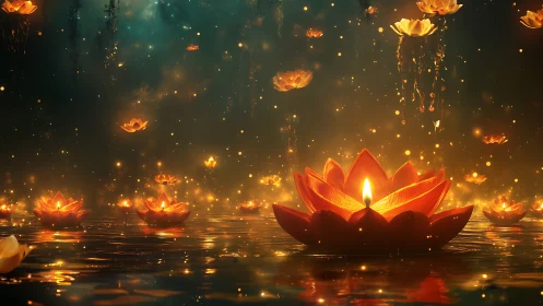 Luminous lotus lanterns drift across shimmering golden water.