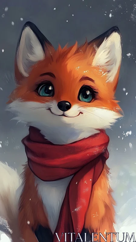 Bright-eyed winter fox smiles softly in a cozy red scarf