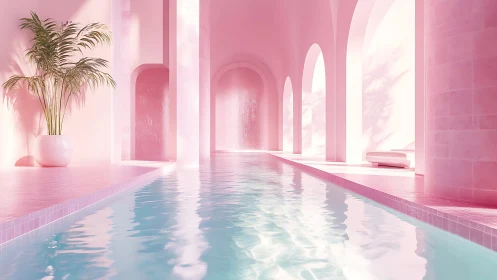 Sunlit pink indoor pool evokes dreamy minimalist calm