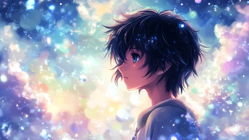 Dreamy anime boy gazes into a glowing cosmic bokeh sky.