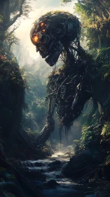 Forest titan of rusted circuitry guards the hidden stream.