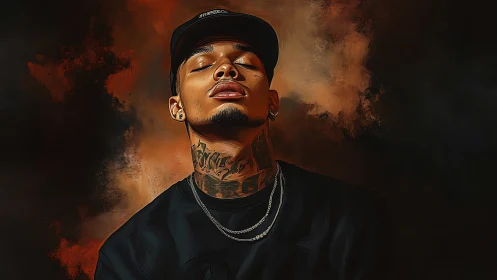 Calm portrait of a tattooed man resting in warm shadows