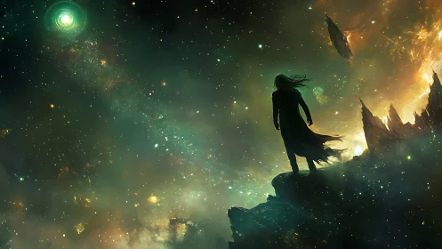 Lone wanderer contemplates a luminous storm across the stars