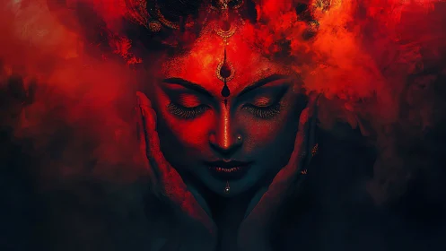Digital painting of mystical red portrait with smoky halo focus.