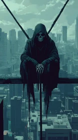 Hooded skeletal figure perched above dense monochrome megacity