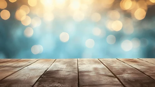 Sunlit wooden table against dreamy golden bokeh glow.