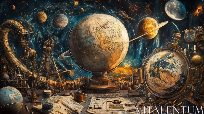Steampunk orrery laboratory with celestial globe array composition.