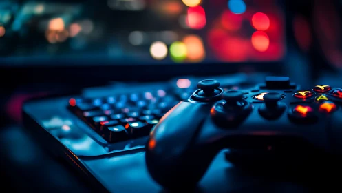 Gaming controller rests before keyboard under neon bokeh glow