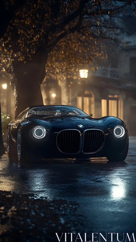 Gleaming BMW coupe waits under rainy evening city lights