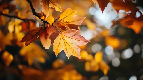Maple leaves in sharp focus hang against soft autumn bokeh