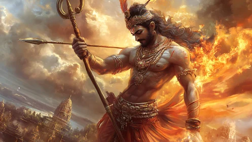 Mythic warrior god wields flaming spear above temple city.