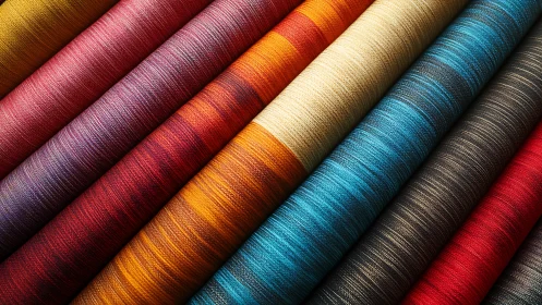 Colorful fabric rolls form diagonal striped textile composition