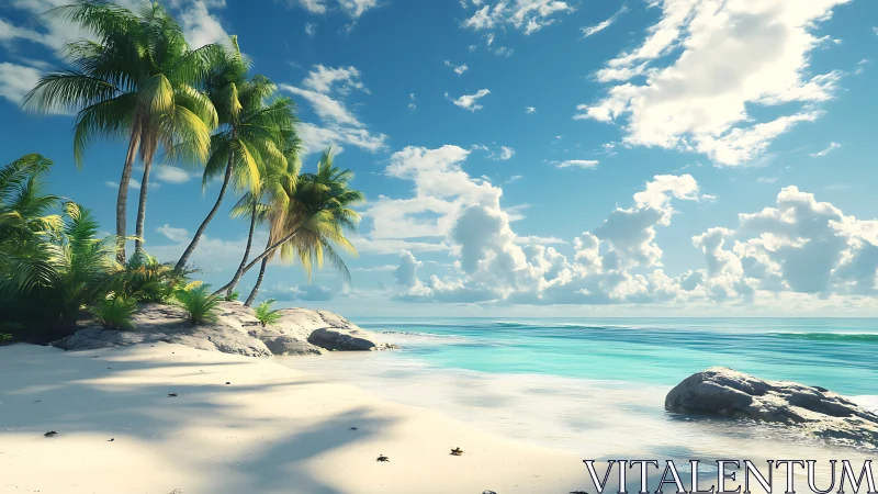 Tropical Paradise: Pristine Sandy Shore with Palms and Turquoise Waters.