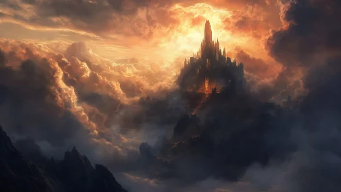 Cloud-forged citadel blazes like a sunrise-born monolith