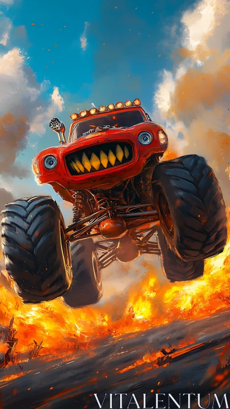 Red monster truck with stylized face jumps over burning ground