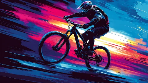 Downhill cyclist rides through neon streaks of speed and color