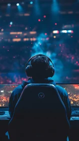 Esports gamer focuses on immersive arena stage glow.
