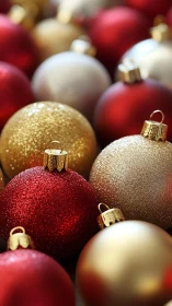 Sparkling Christmas baubles glow in rich red and gold tones