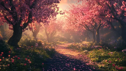 Soft spring sunlight drifts along a tranquil blossom path