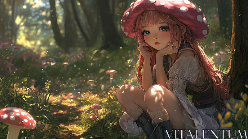 Mushroom-hooded forest girl in luminous bokeh woodland scene.