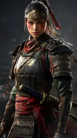 Battle-worn samurai warrior in ornate, ember-lit armor.