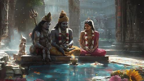 Deities in stone temple courtyard framed by reflective ritual pool