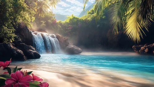 Tropical cove waterfall flows into clear turquoise shoreline