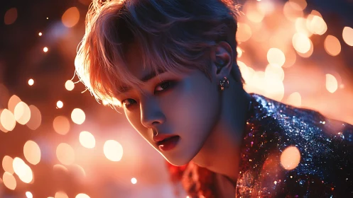 Luminous portrait of glam figure in warm bokeh glow.