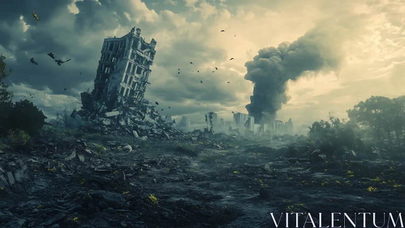 War-torn city ruins under heavy clouds and rising smoke.